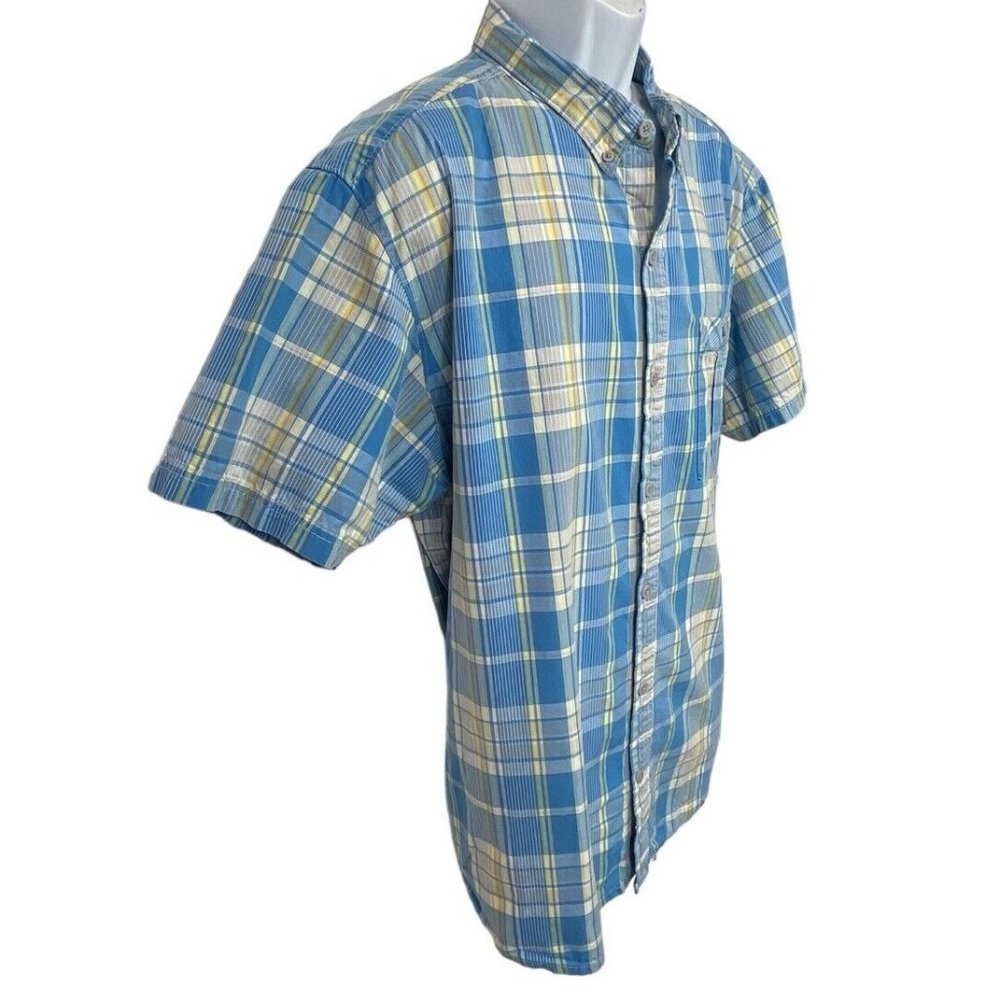 Columbia Men's Adult Button Short Sleeve Plaid Blue Yellow Outdoors Shirt Sz XXL